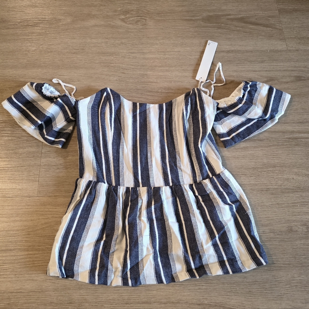NWT Line & Dot Blue Stripe Effect Linen Off The Shoulder Top